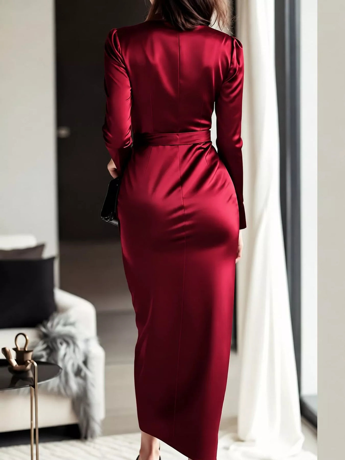 Satin Surplice Tie-Waist Long-Sleeve Midi Dress