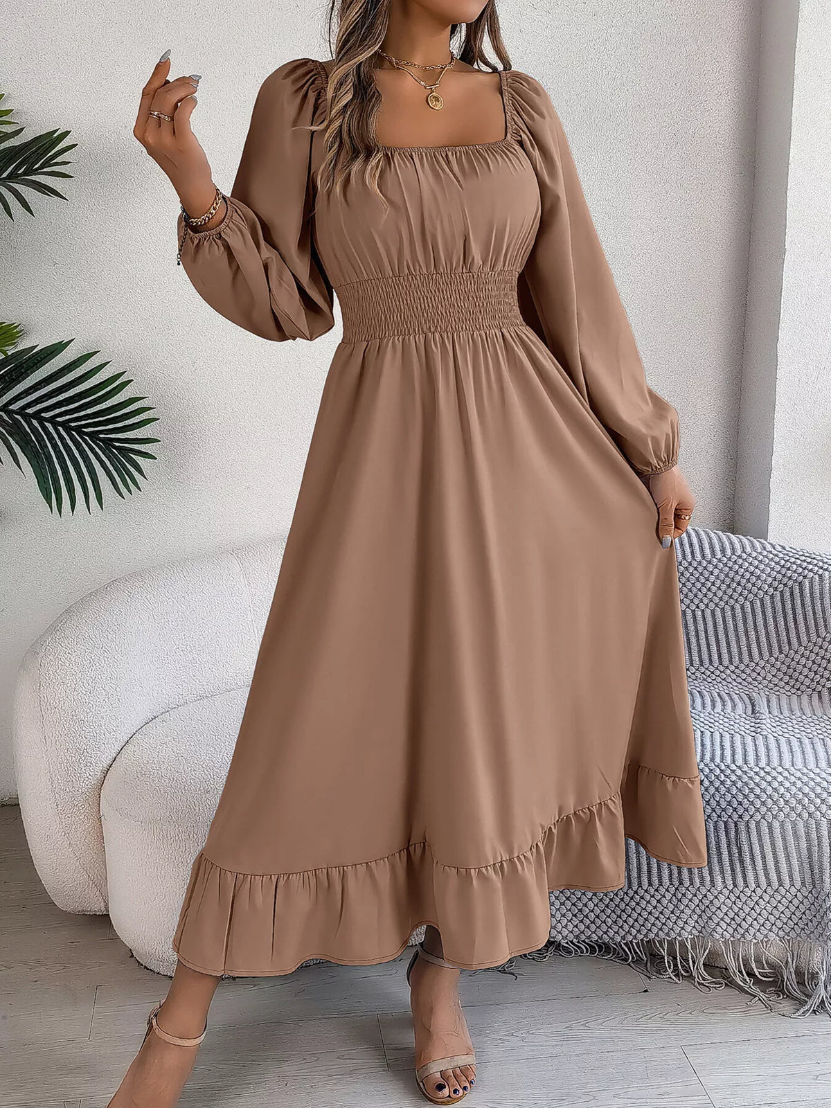 Square-Neck Smocked-Waist Long-Sleeve Midi Dress