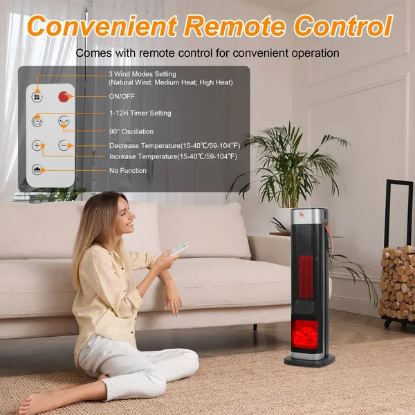 1500W Ceramic Tower Space Heater — 3D Flame Effect, 90° Oscillating, Remote Control & 12H Timer — Prime Trend Market