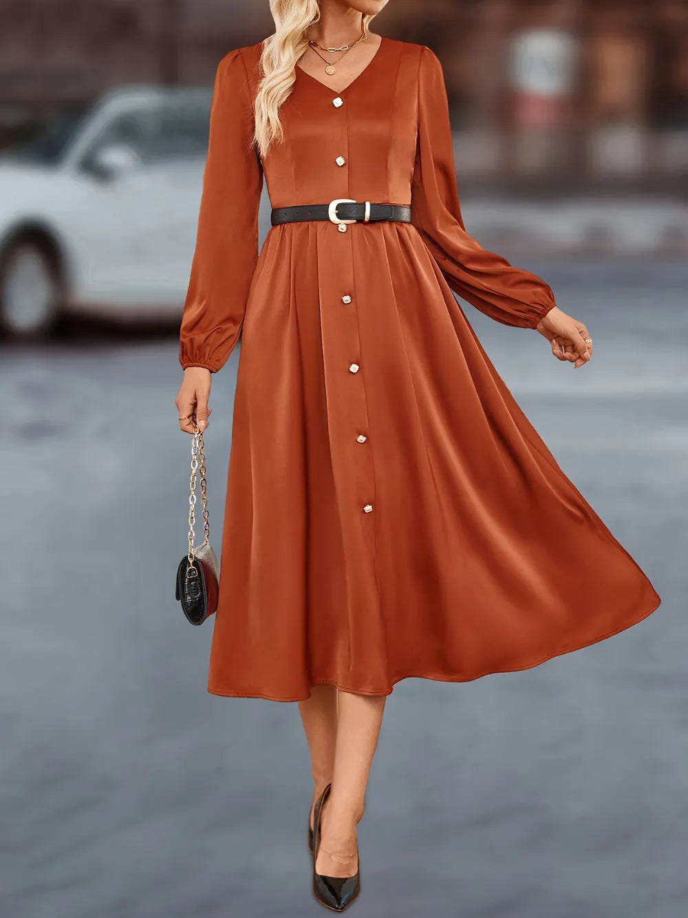 Terracotta V-Neck Balloon-Sleeve Midi Dress