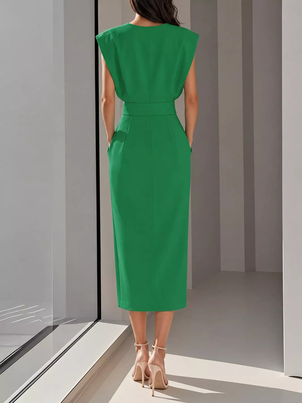 Sleeveless Gold-Tone Button-Detail Midi Dress