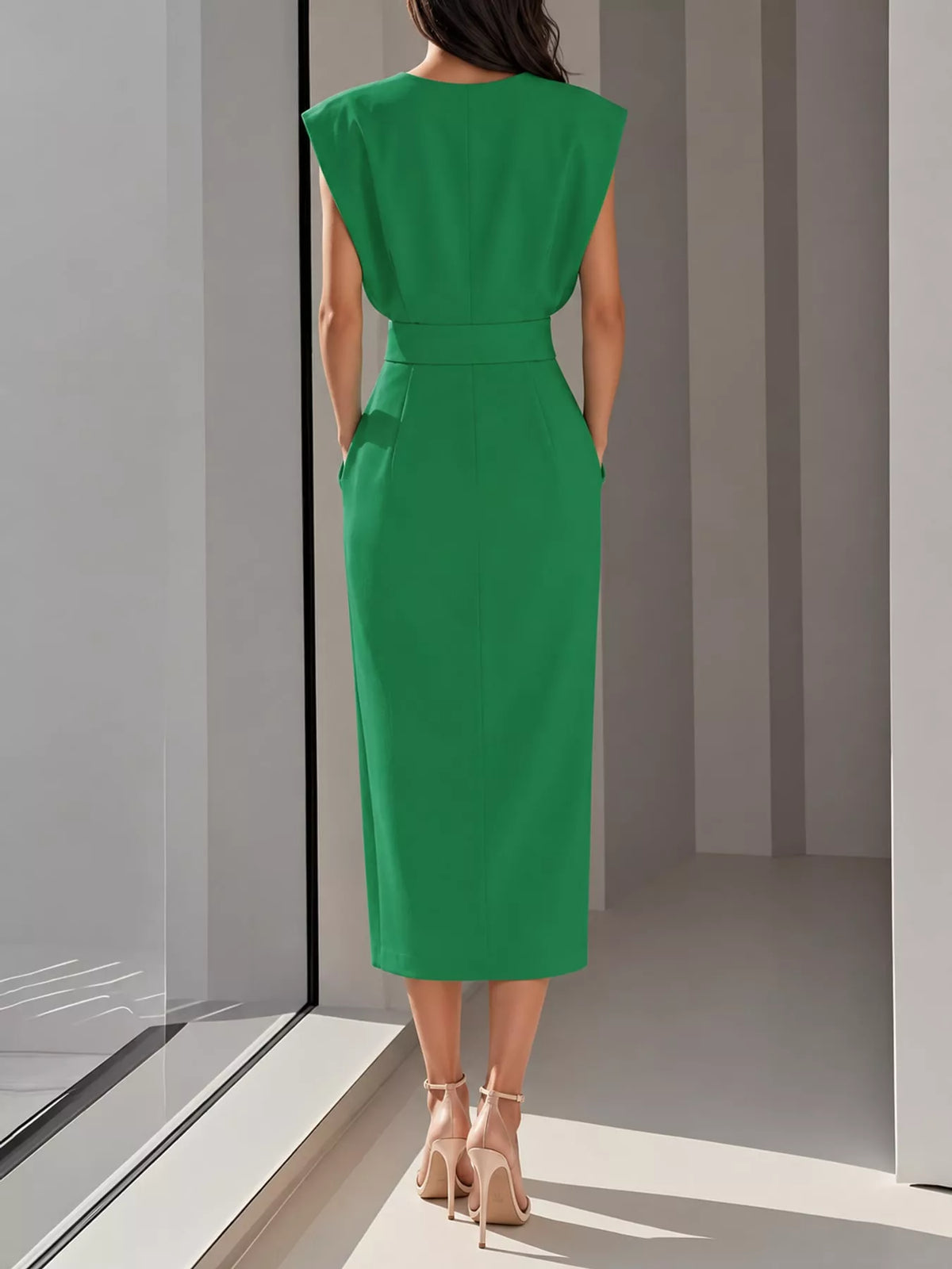 Sleeveless Gold-Tone Button-Detail Midi Dress