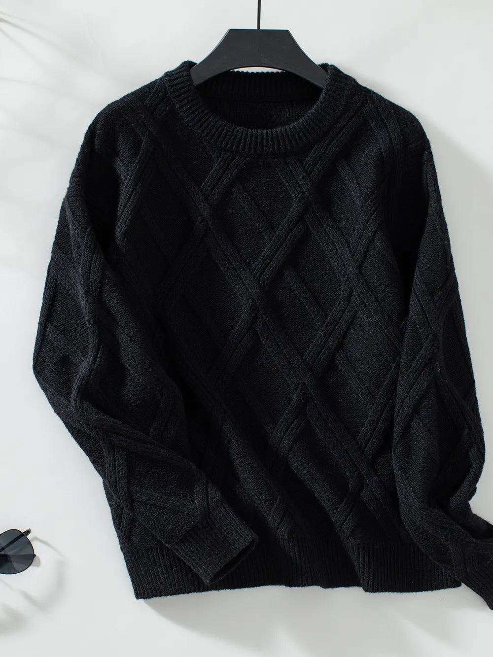 Geometric-Texture Round-Neck Long-Sleeve Sweater