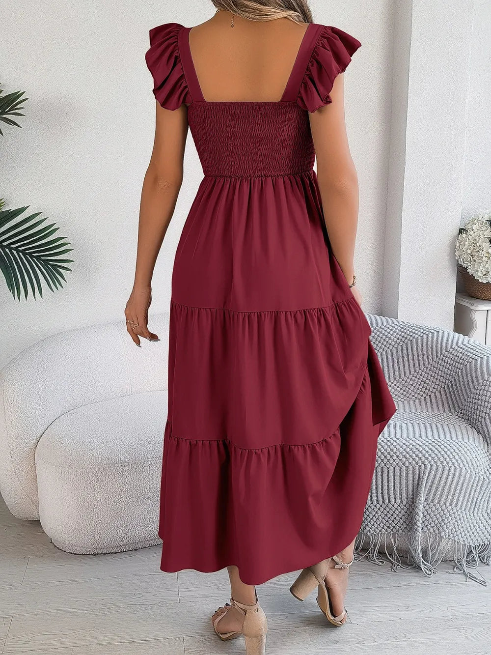 Smocked Square-Neck Cap-Sleeve Midi Dress