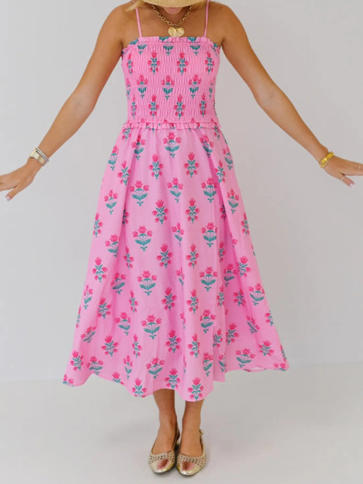 Floral Smocked Adjustable-Strap Midi Dress