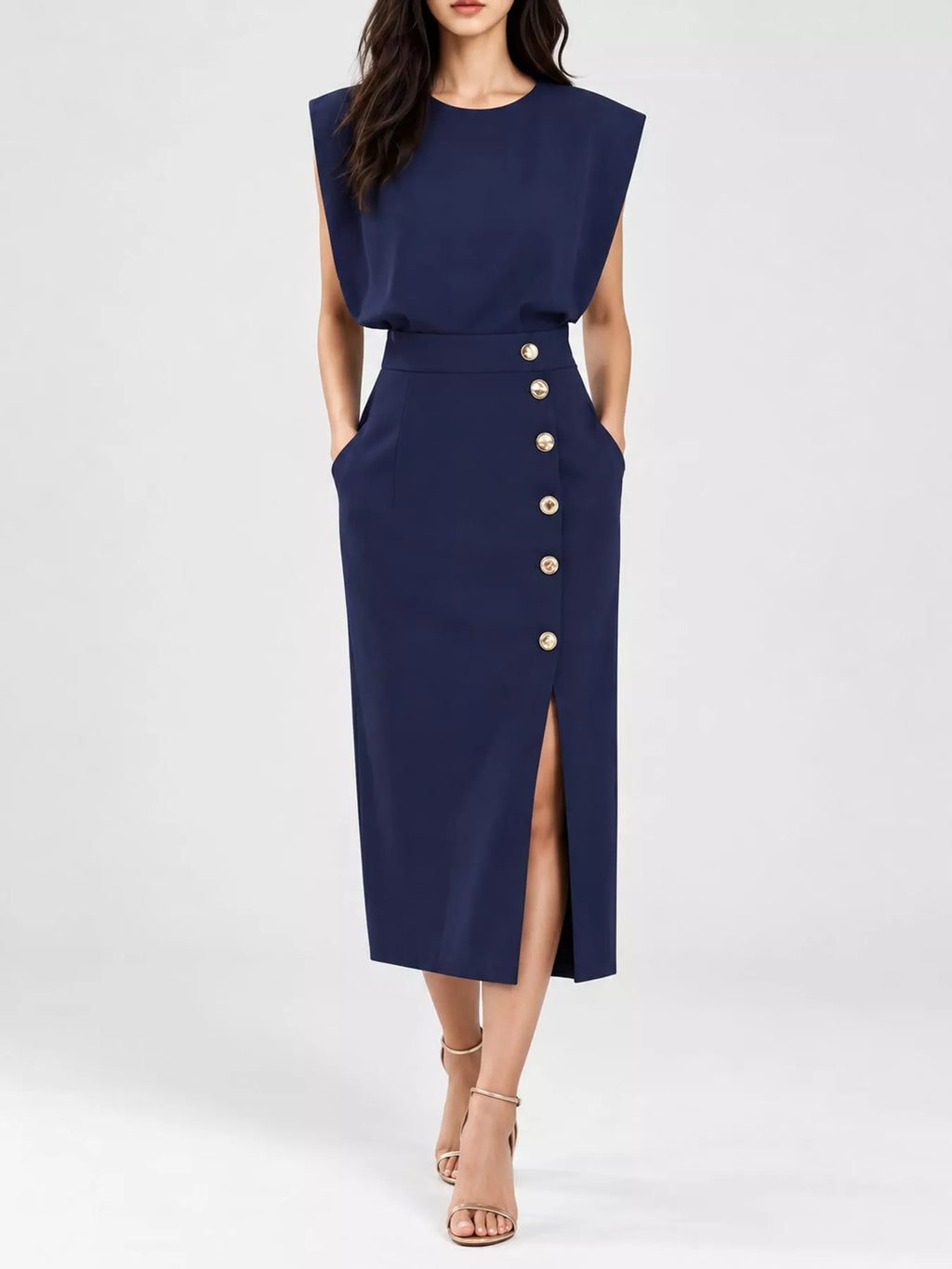Sleeveless Gold-Tone Button-Detail Midi Dress