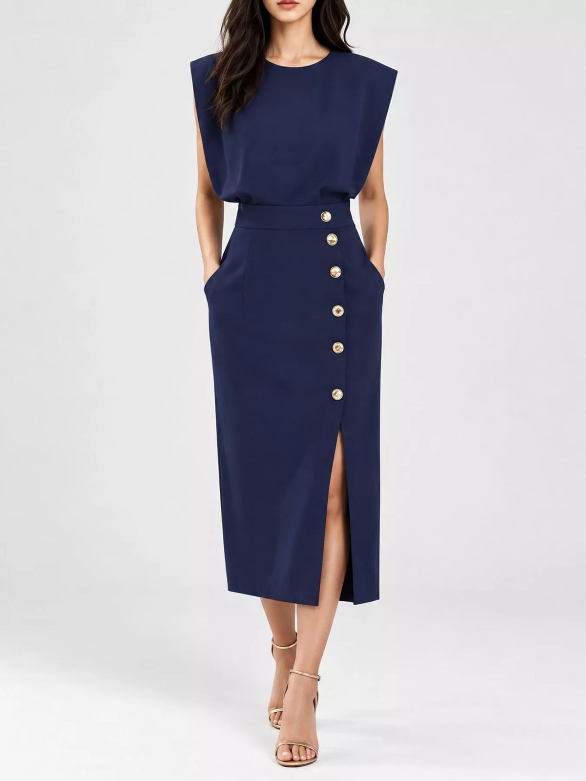 Sleeveless Gold-Tone Button-Detail Midi Dress