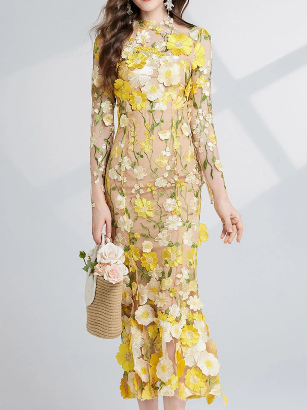 Floral-Embroidered Mesh Long-Sleeve Midi Dress