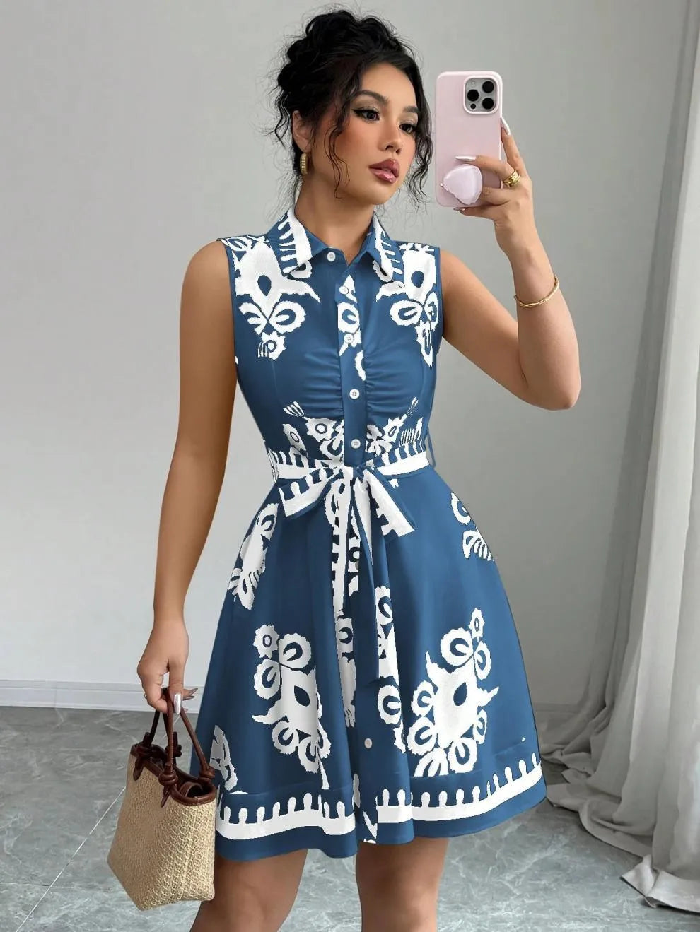 Printed Sleeveless Button-Front Dress