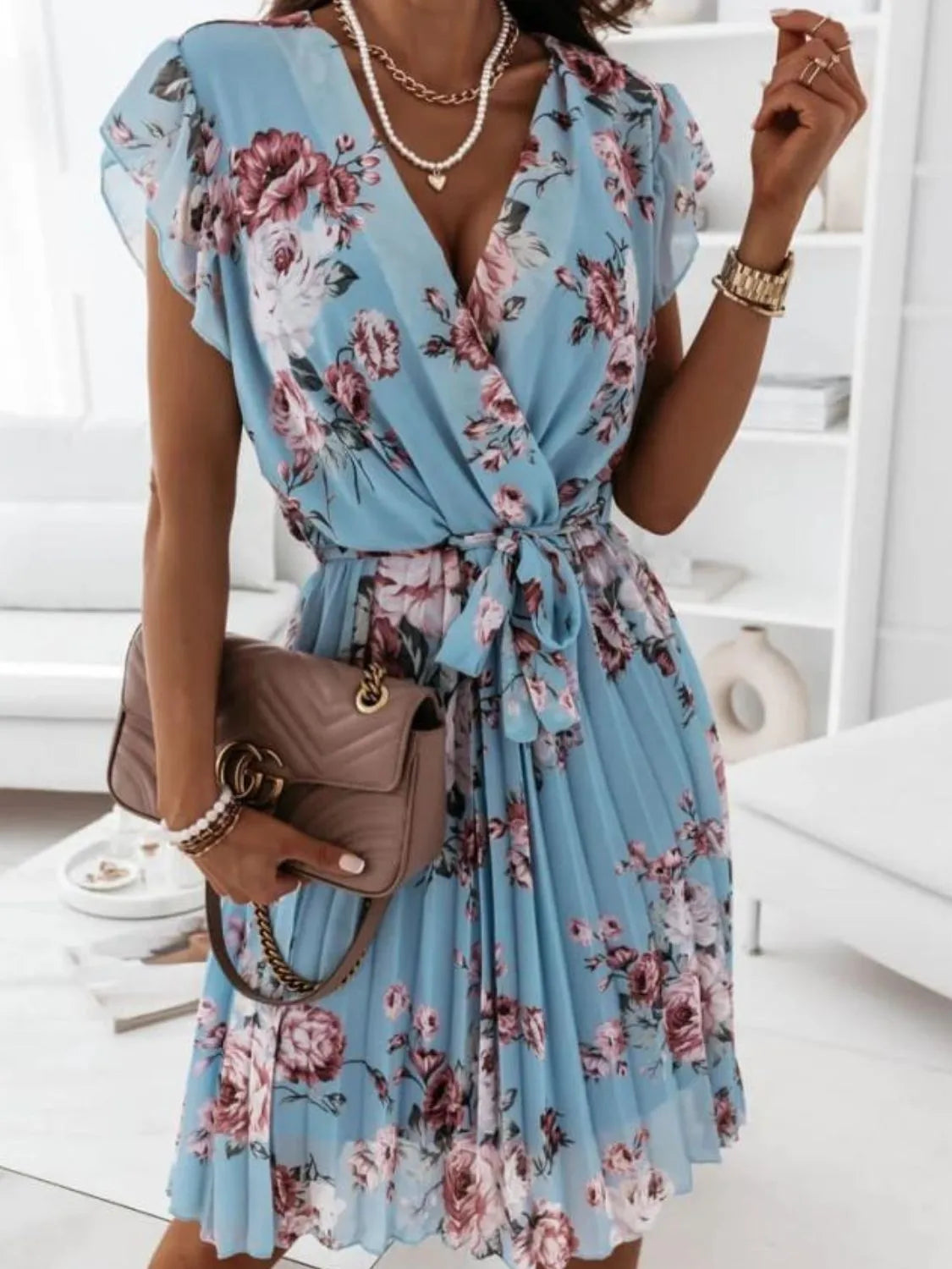 Floral Surplice Tie-Waist Ruffle-Cap-Sleeve Dress