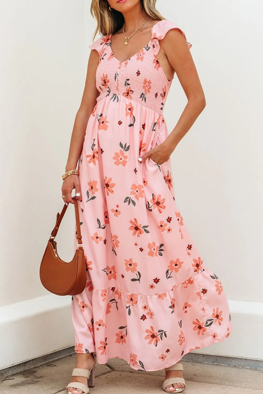 Floral Smocked Ruffle-Cap-Sleeve Maxi Dress
