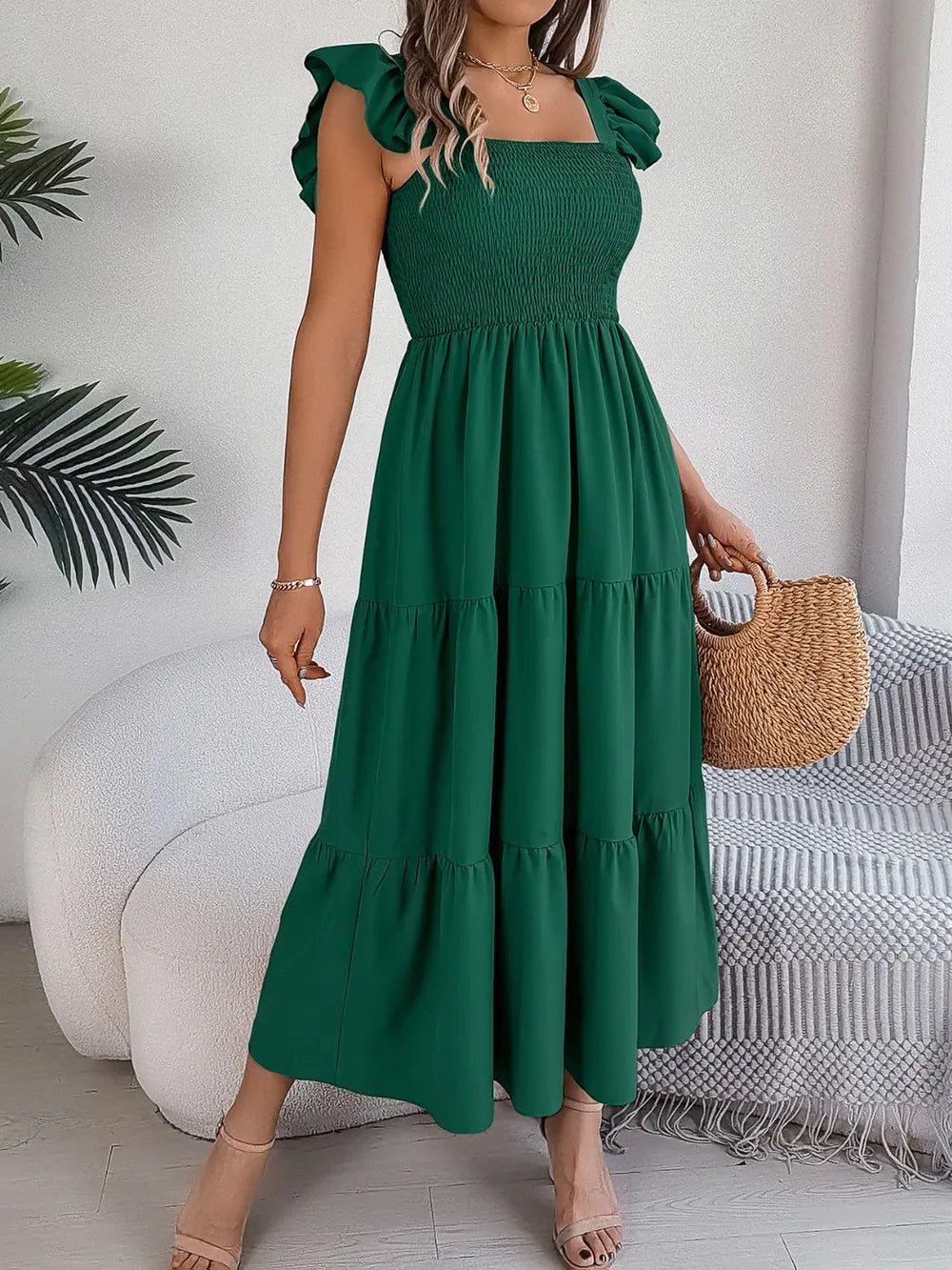 Smocked Square-Neck Cap-Sleeve Midi Dress