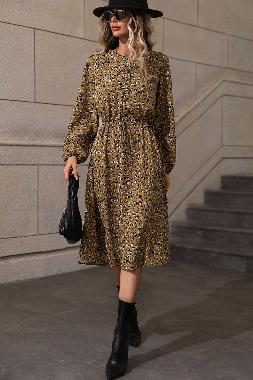 Olive Leopard-Print Drawstring Long-Sleeve Midi Dress