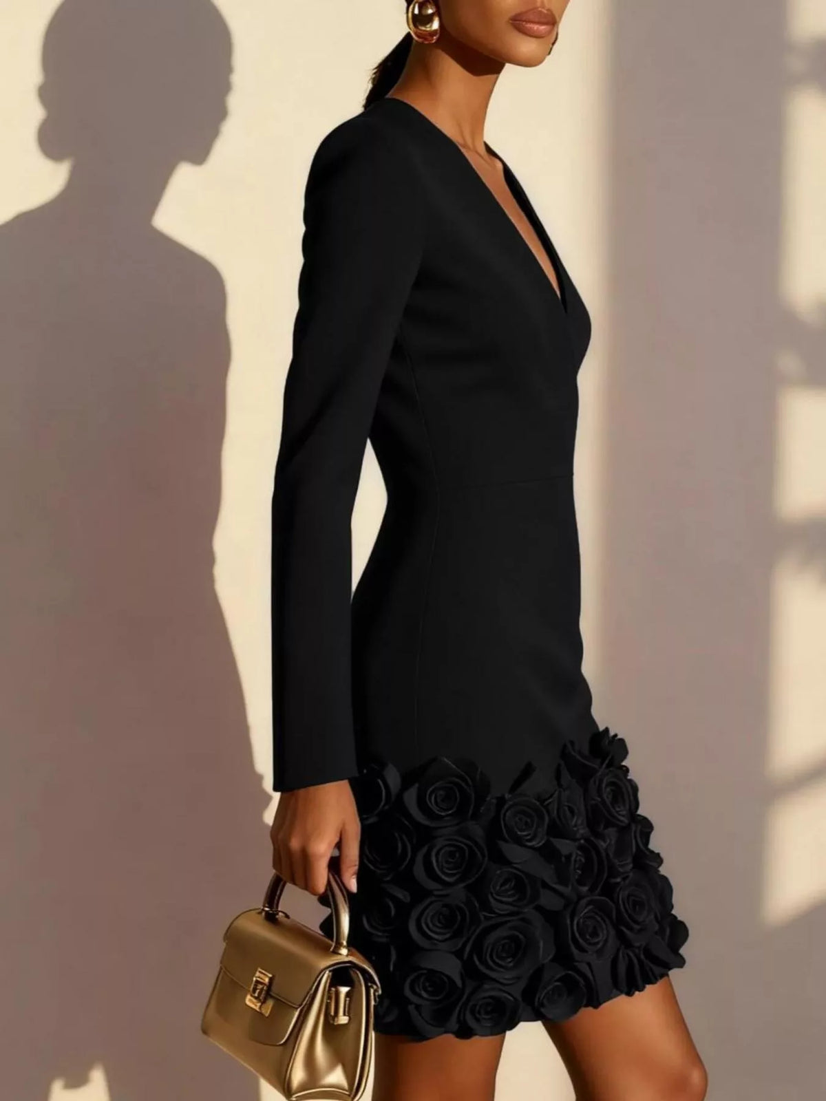 V-Neck Long-Sleeve Mini Dress with 3D Rose Hem