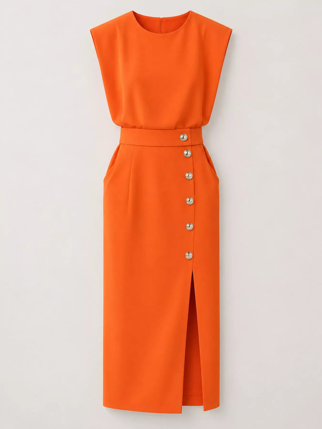 Sleeveless Gold-Tone Button-Detail Midi Dress