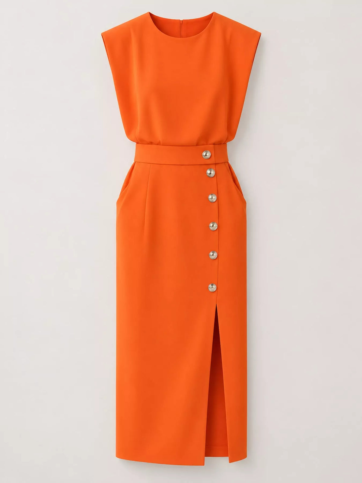 Sleeveless Gold-Tone Button-Detail Midi Dress