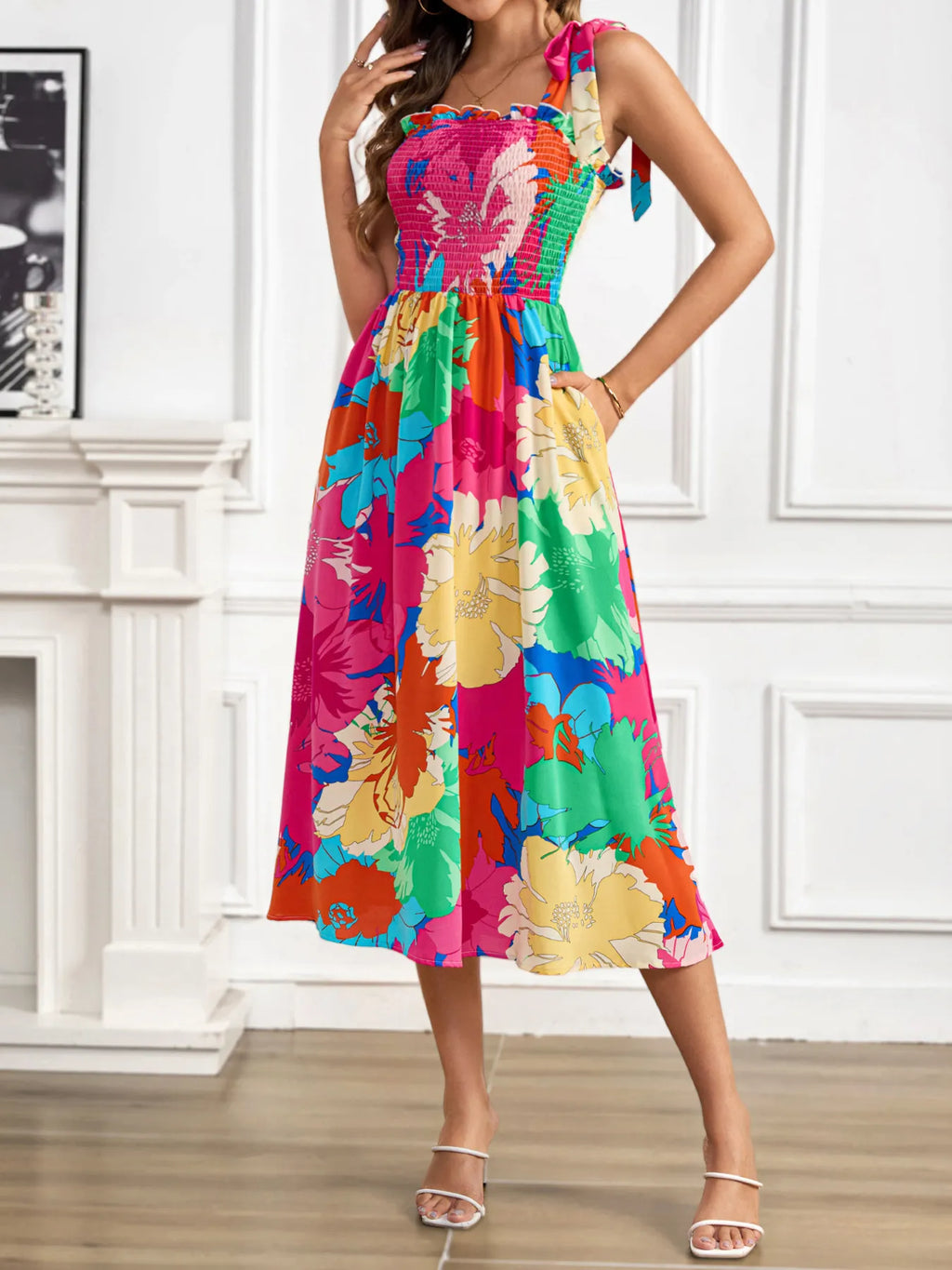 Floral Smocked Tie-Shoulder Midi Dress