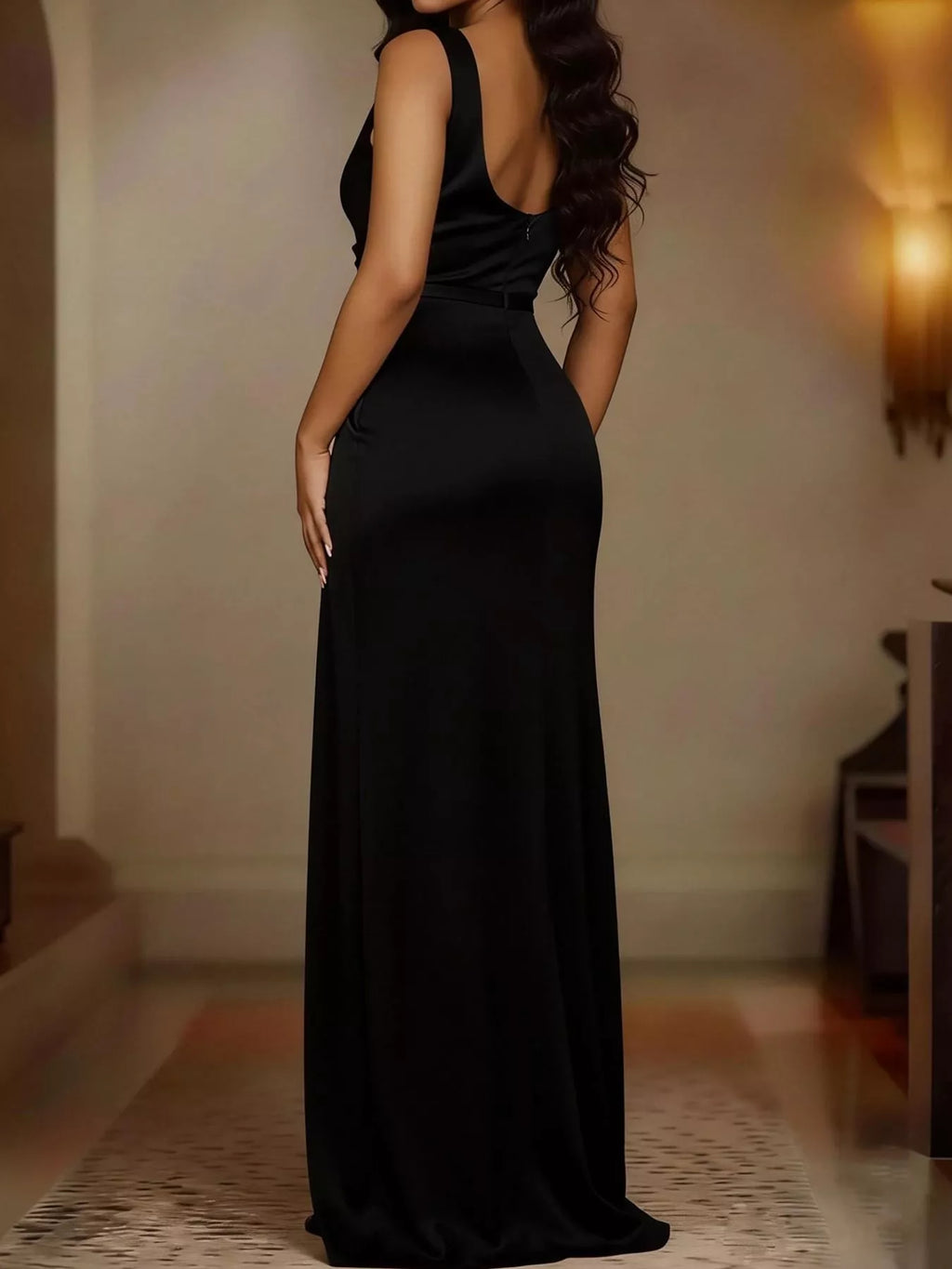 Satin Cowl-Neck High-Slit Maxi Dress