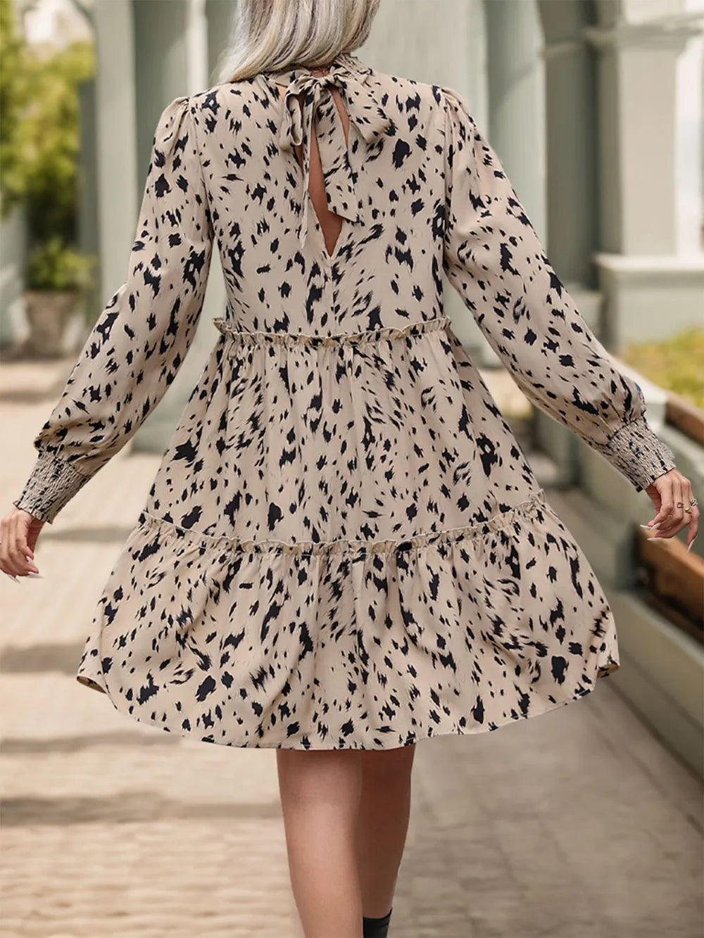 Perfee Printed Frill Mock-Neck Long-Sleeve Mini Dress