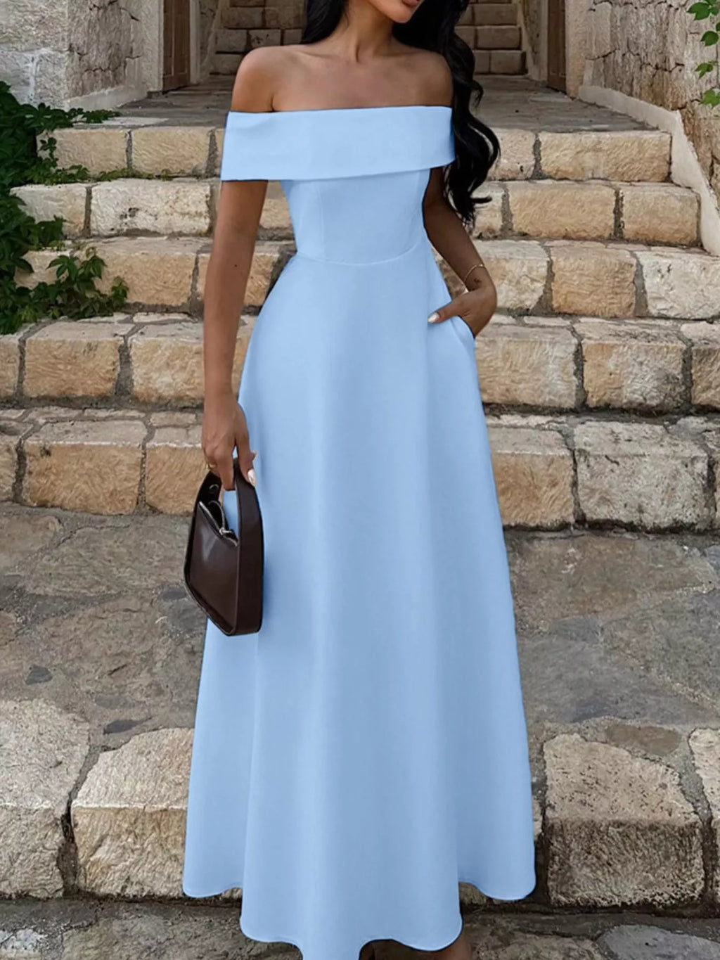 Burgundy Off-Shoulder A-Line Maxi Dress with Pockets