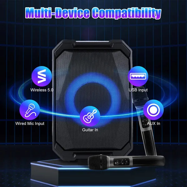 Portable Wireless Party Speaker | LED Light Show | 2 Wireless Mics | 80W Bass | Remote Control | TWS — Eliza & Tuan