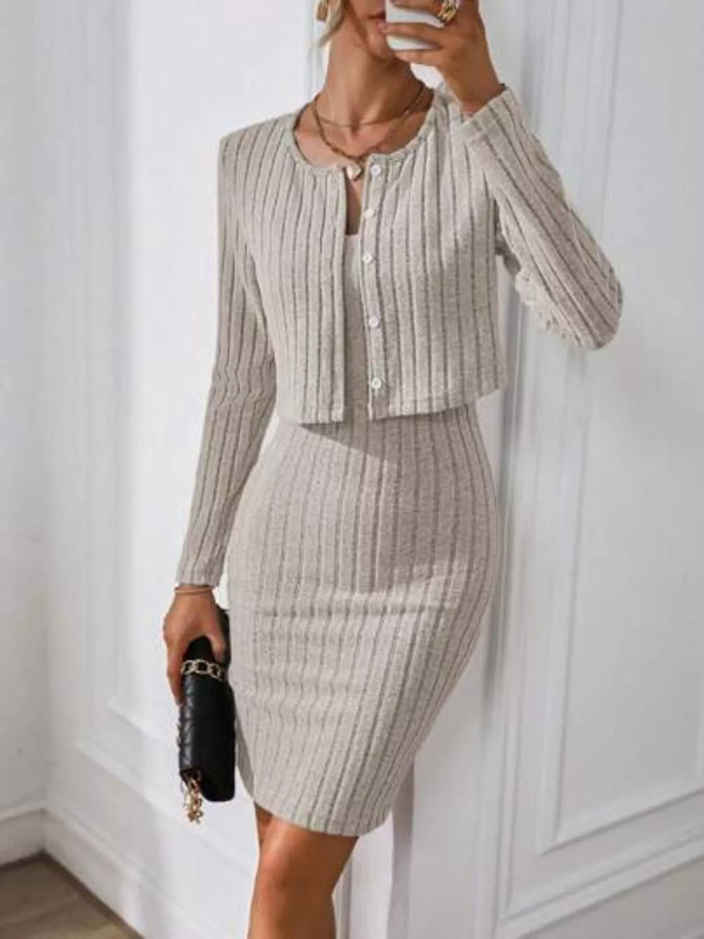 Khaki Ribbed Cami Dress with Cardigan