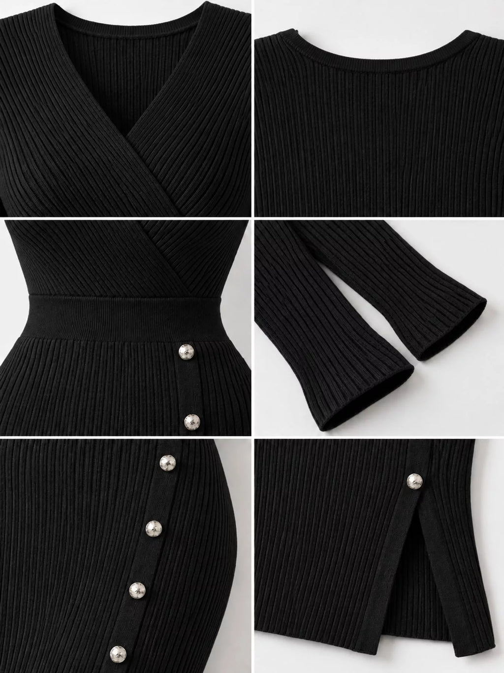 Ribbed Knit Sweater Dress with Decorative Buttons