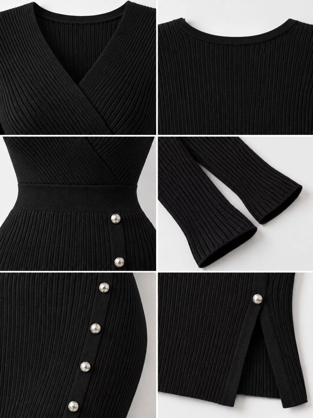 Ribbed Knit Sweater Dress with Decorative Buttons