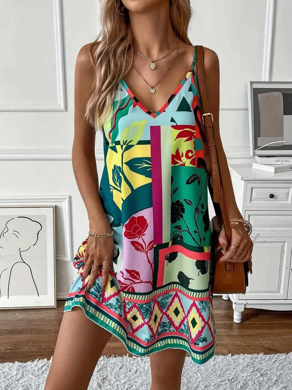 Abstract-Print V-Neck Cami Mini Dress