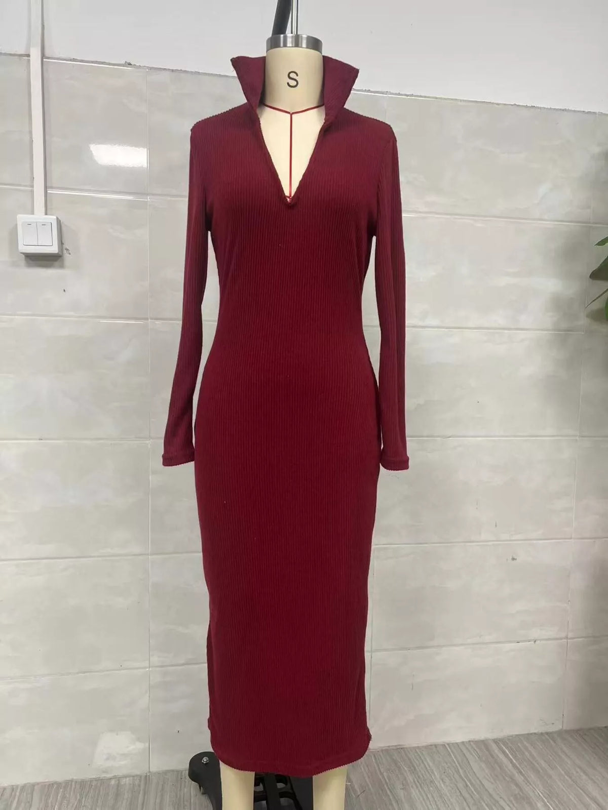 Ribbed V-Neck Long-Sleeve Sweater Midi Dress