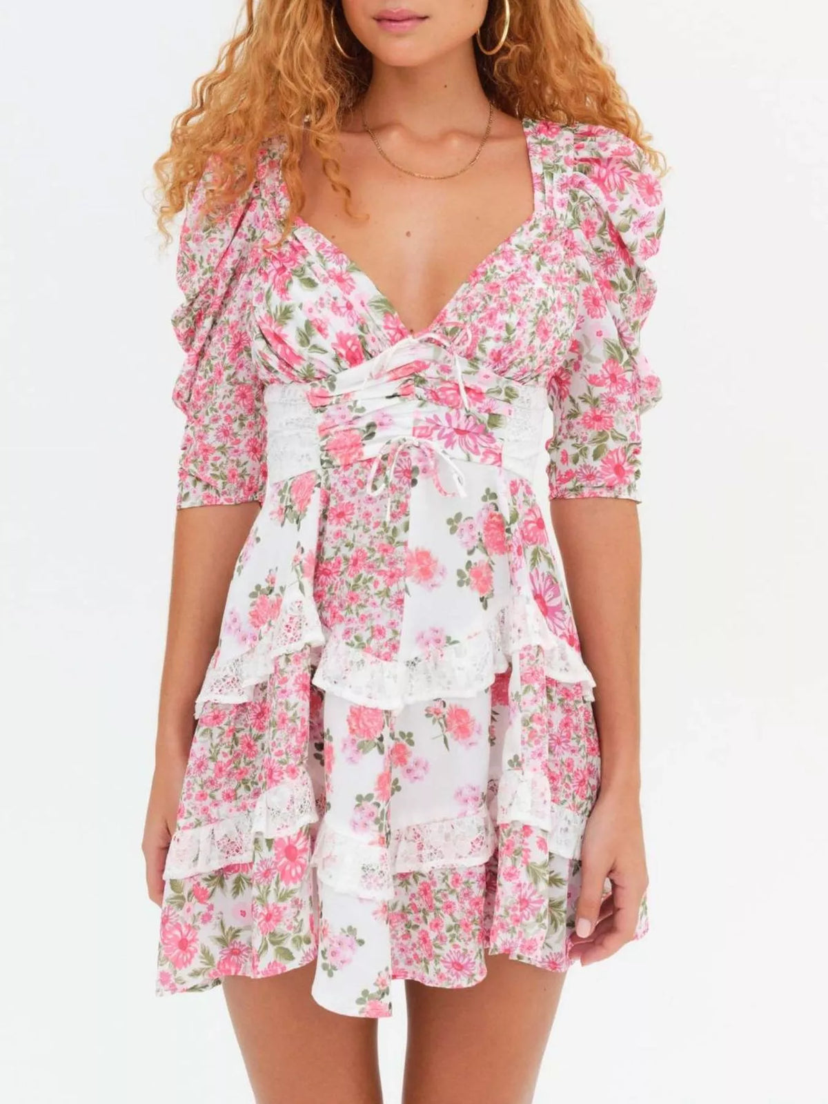 Ruffled Floral-Print Half-Sleeve Dress
