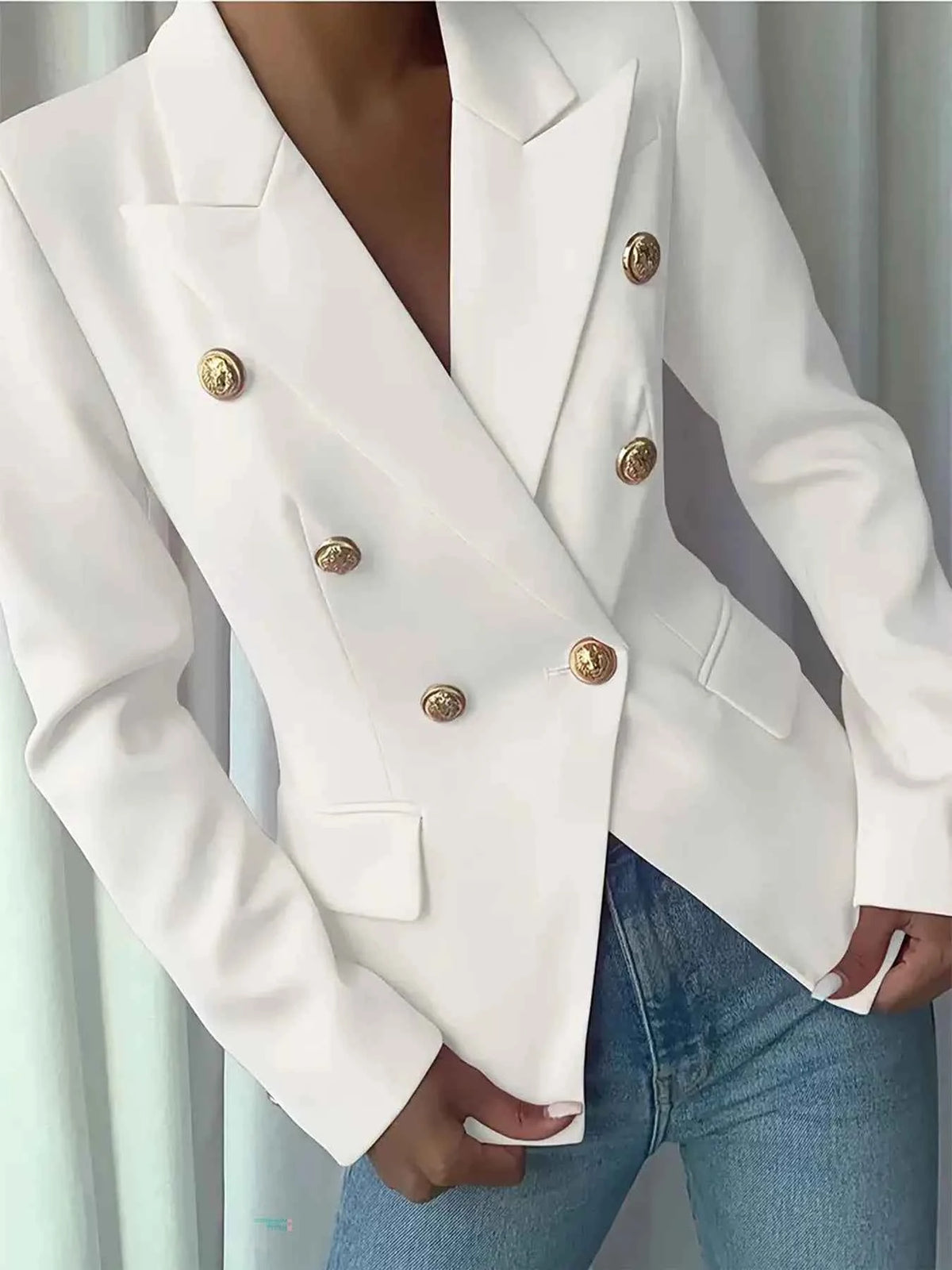 Decorative-Button Double-Breasted Blazer