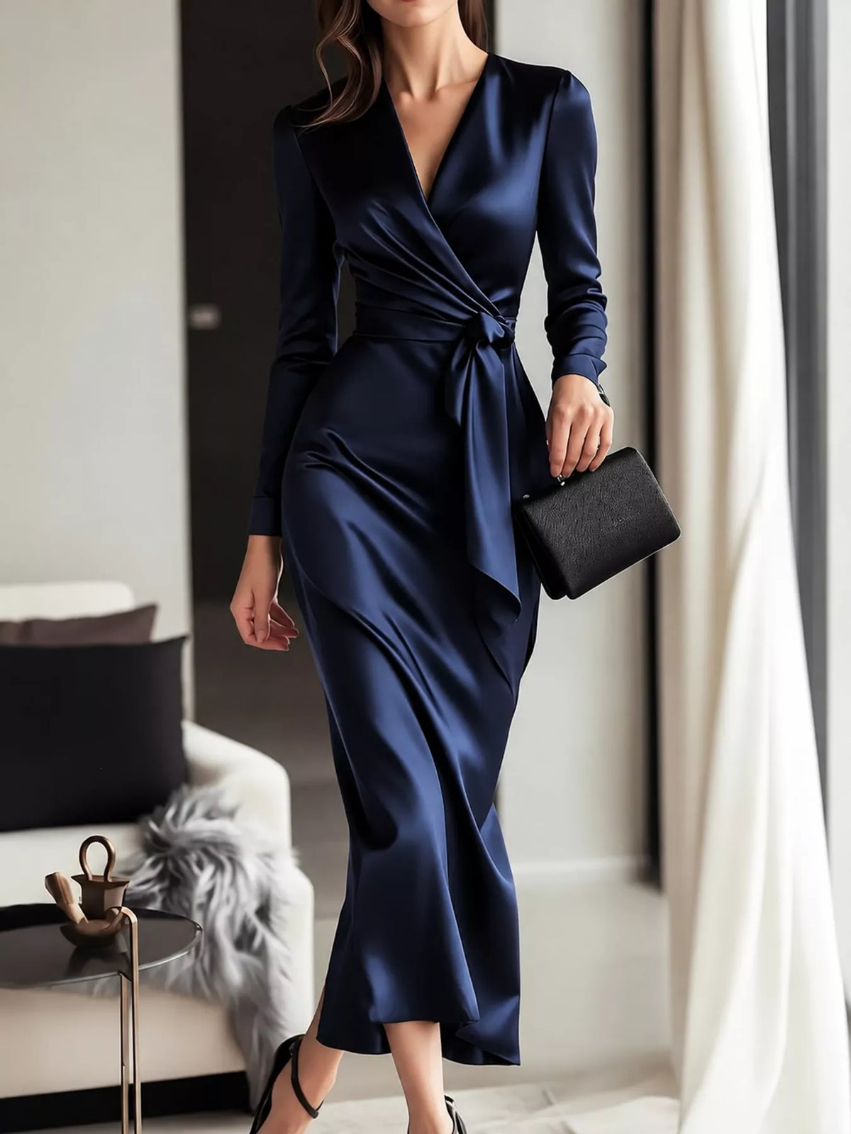 Satin Surplice Tie-Waist Long-Sleeve Midi Dress