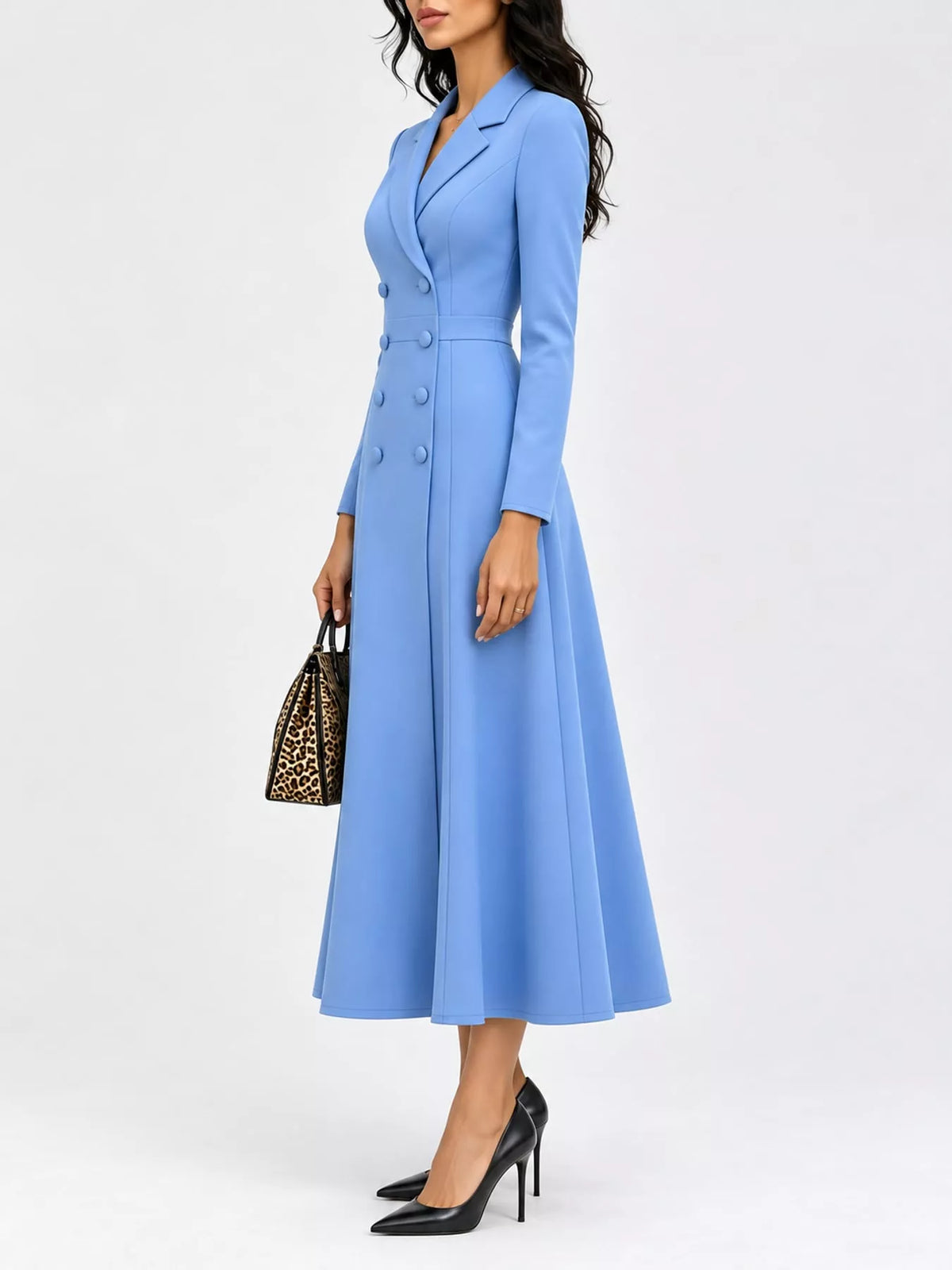 Double-Breasted Lapel-Collar Long-Sleeve Midi Dress
