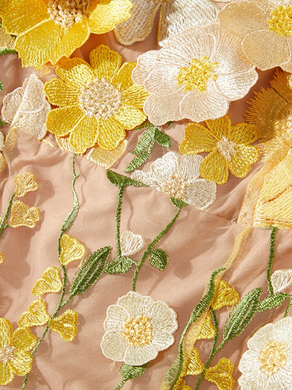 Floral-Embroidered Mesh Long-Sleeve Midi Dress