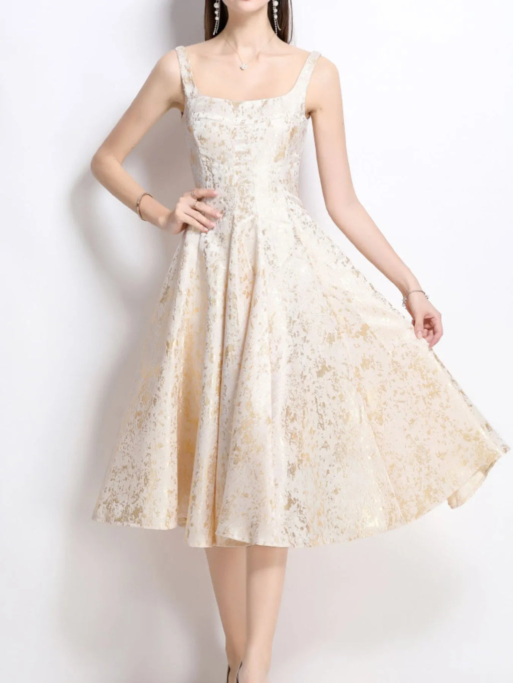 Apricot Floral Sleeveless A-Line Midi Dress