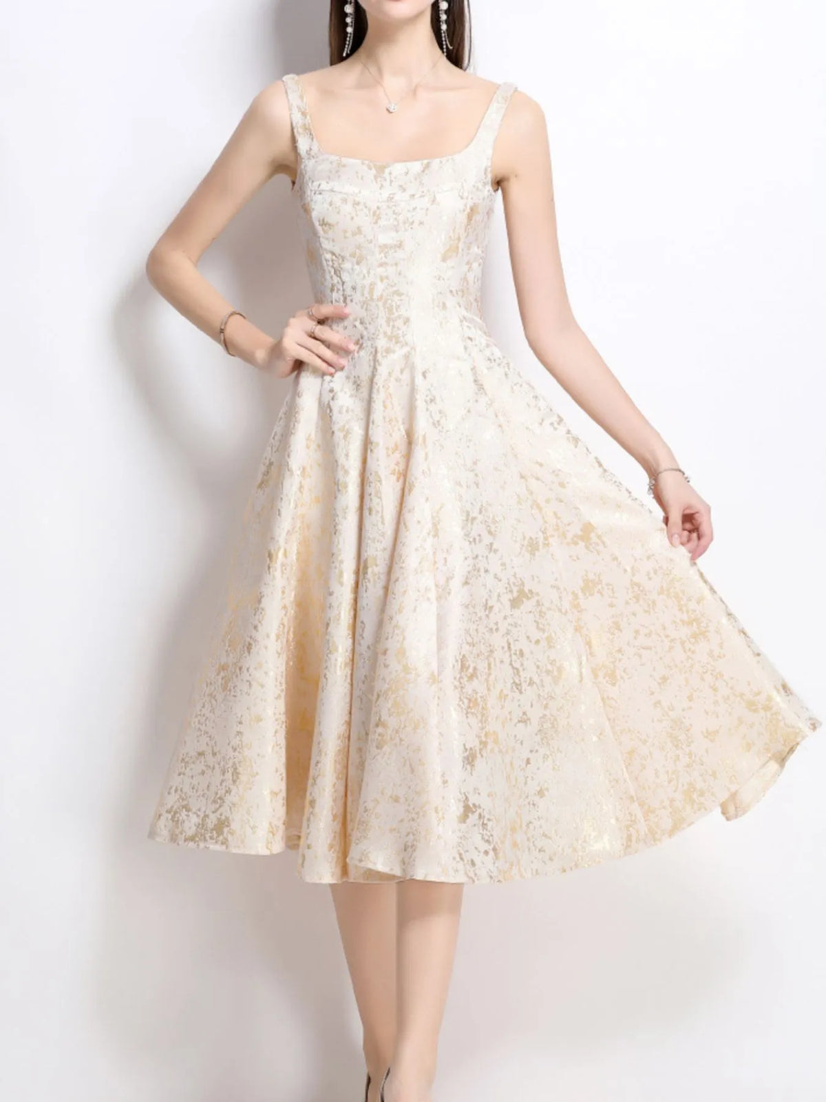 Apricot Floral Sleeveless A-Line Midi Dress