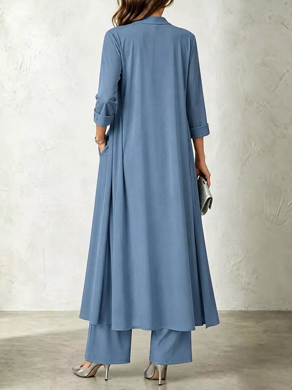 Cowl-Neck Top, Cardigan & Wide-Leg Pants Three-Piece Set