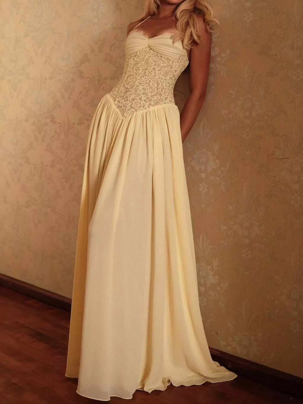 Lace Corset-Style Halter Maxi Dress