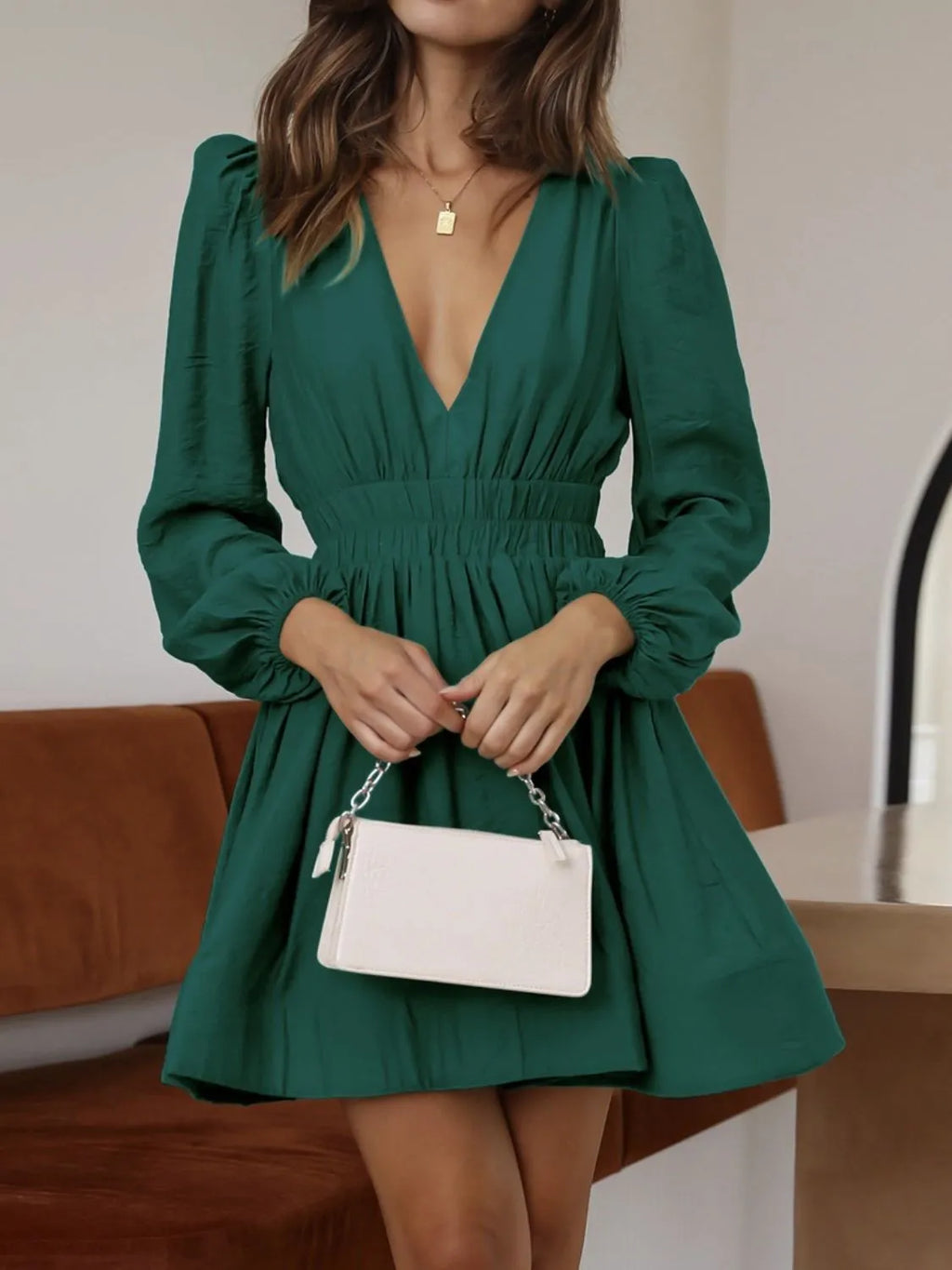 Ruched V-Neck Balloon-Sleeve Mini Dress