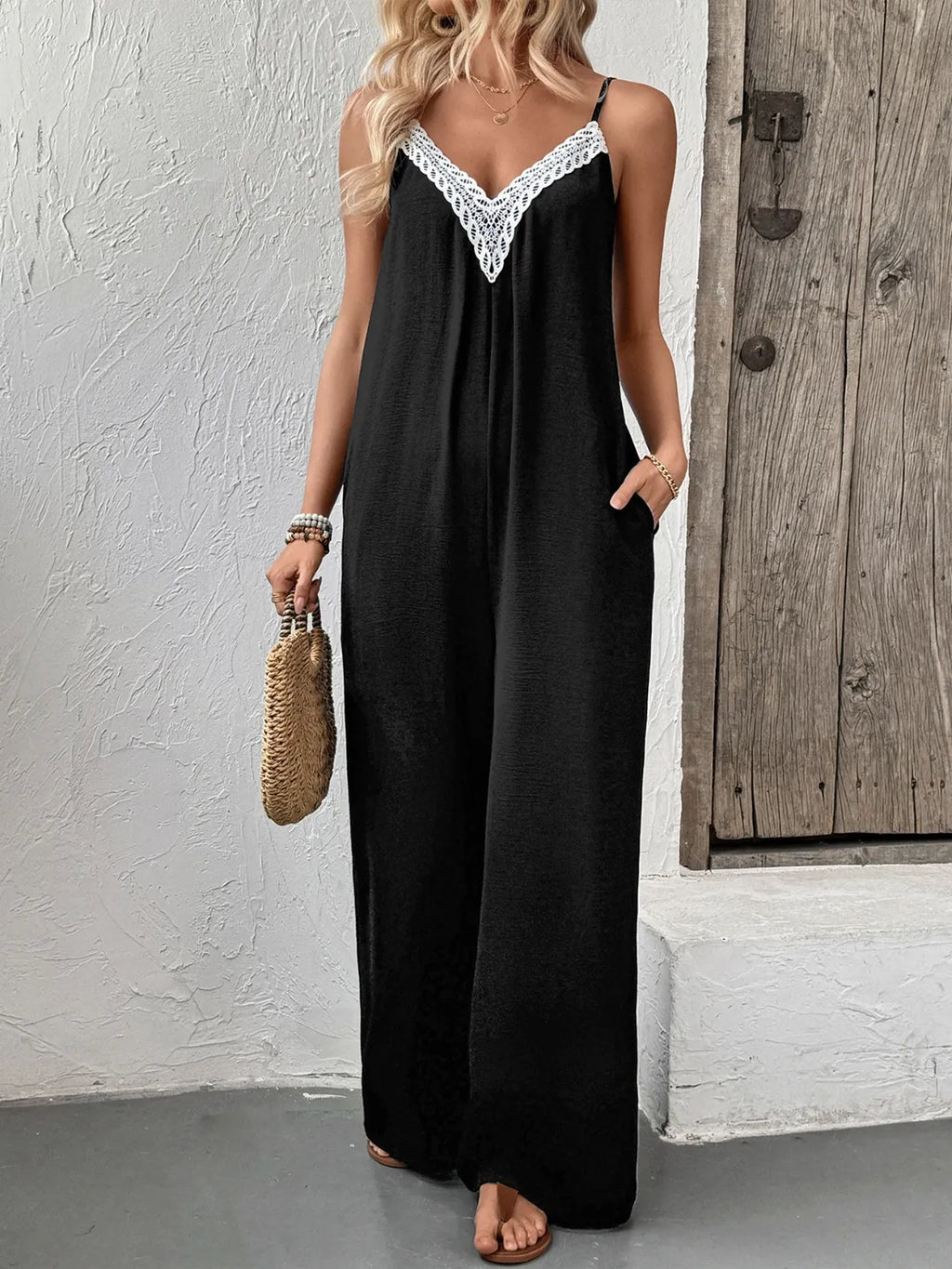 Black Lace-Trim V-Neck Wide-Leg Jumpsuit