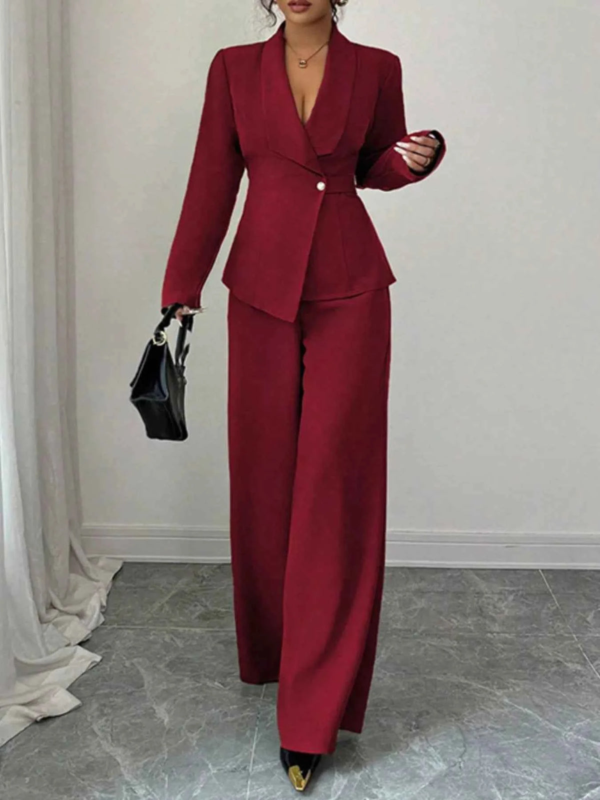 Single-Button Blazer & Wide-Leg Pants Set