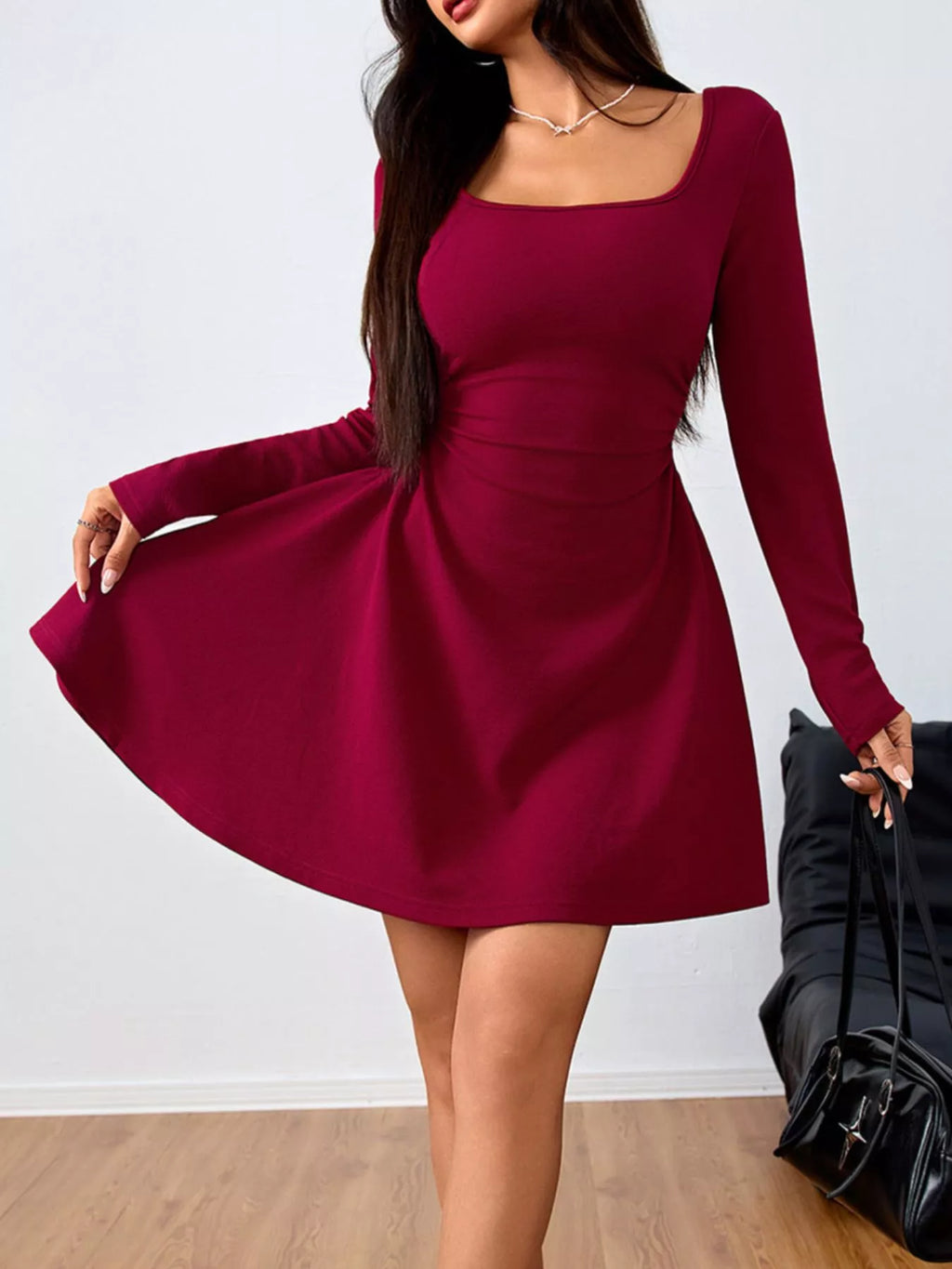 Square-Neck Ruched Long-Sleeve Mini Dress