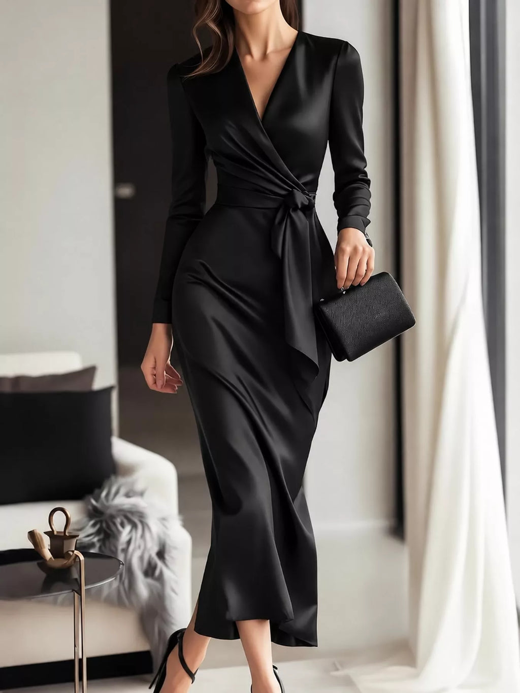 Satin Surplice Tie-Waist Long-Sleeve Midi Dress