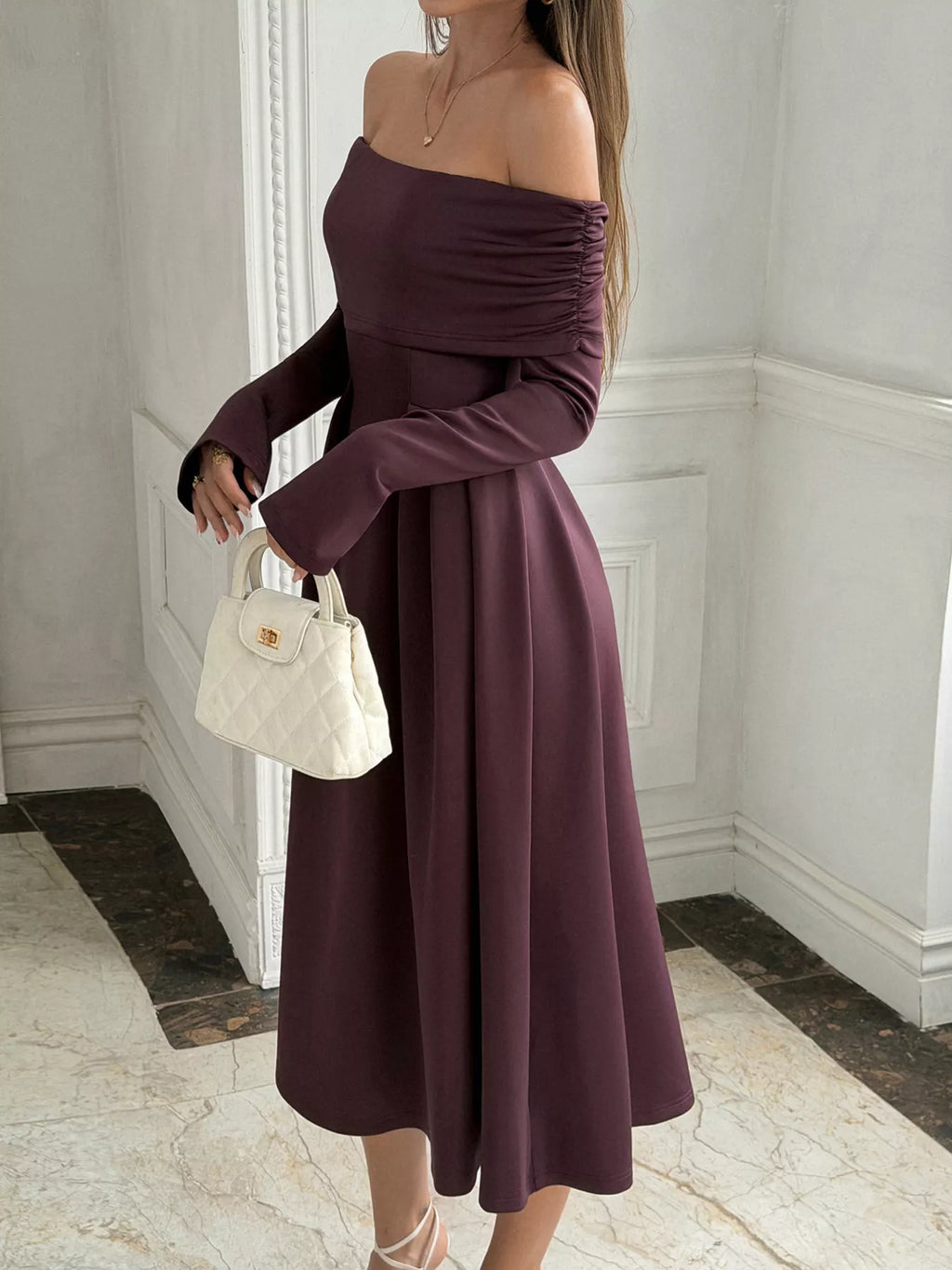 Off-Shoulder Long-Sleeve Midi Dress