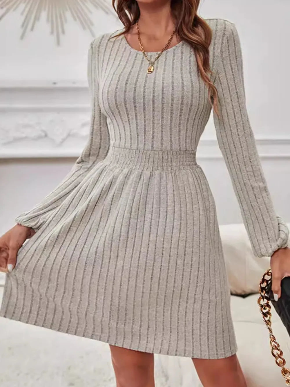 Dust Storm Smocked Round-Neck Long-Sleeve Dress