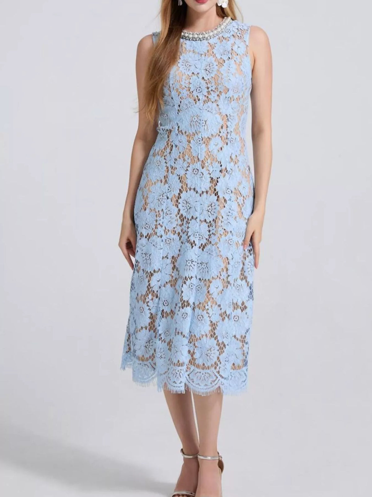Pearl-Look Neckline Sleeveless Lace Dress
