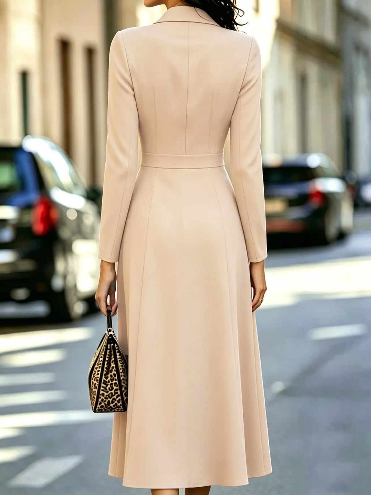 Double-Breasted Lapel-Collar Long-Sleeve Midi Dress