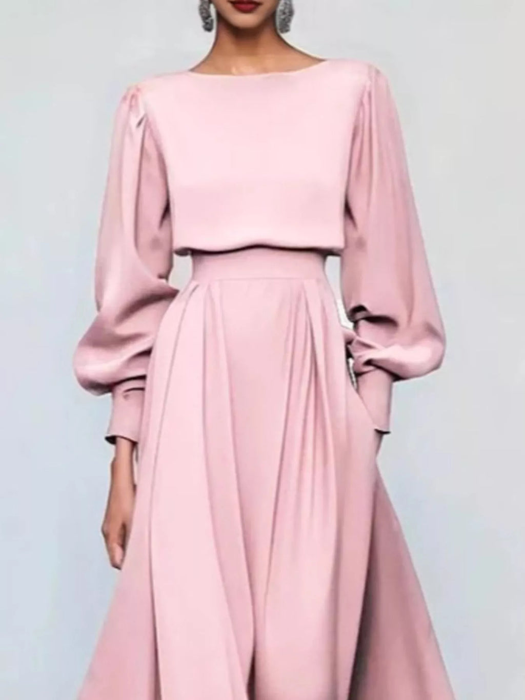 Pleated Lantern-Sleeve Midi Dress