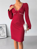Perfee Pearl-Look Trim V-Neck Long-Sleeve Bodycon Dress
